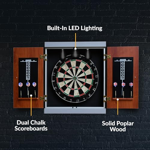 Hathaway Geneva Dartboard and Cabinet Set - Includes 18-in Dartboard, Steel-Tip Darts, Chalk Scoreboards - Perfect for Family Game Rooms, Basements, Home Bars, Wood Grain/Black/Gray