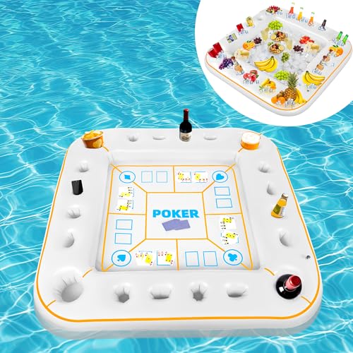 Elcoho 55 x 55 Inch Extra Large Inflatable Game Table with Waterproof Playing Cards Floating Pool Table Drink Holder Inflatable Ice Serving Tray Buffet Bar for Pool Summer Party, White - color: White