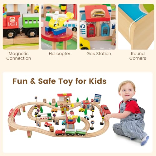 Costzon Train Table, 3-in-1 Wooden Train Set Table w/Reversible 84 PCS Track Train Toys, Table Map & Storage Drawer for Building, Playing, Studying, Kids Activity Table for Toddlers Aged 18 M+ - size: 38" x 24.5" x 15.5" (L x W x H)