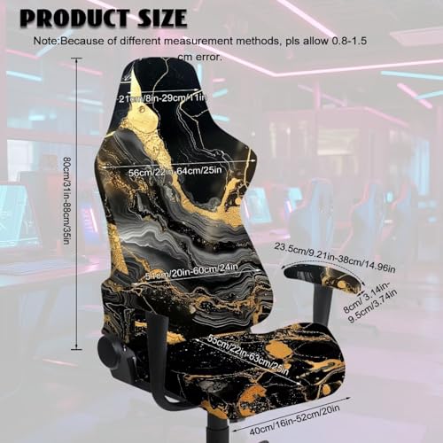 Suobstales Black Golden Marble Pattern Gaming Chair Cover with Armrest Covers, Stretchable Gaming Computer Office Chair Seat Cover Slipcovers with Zipper Universal Ergonomic Rotating Armchair Covers - color: Black Golden Marble