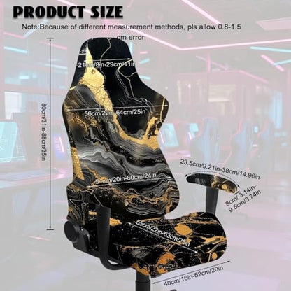 Suobstales Black Golden Marble Pattern Gaming Chair Cover with Armrest Covers, Stretchable Gaming Computer Office Chair Seat Cover Slipcovers with Zipper Universal Ergonomic Rotating Armchair Covers - color: Black Golden Marble