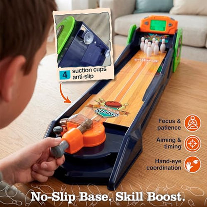 Bowling Game — Electronic Tabletop Arcade Game with LCD Auto Scoring, Lights & Sound, Spring-Loaded Launcher & 1-2 Player Modes — Mini Bowling Set for Kids - style: Bowling