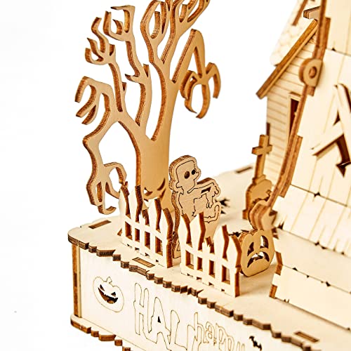 3D Wooden Puzzles Halloween House Kits Includes Light Strip, Brainteaser and Puzzle for Halloween/Birthday,Gifts for Adults and Teens to Build Combination - style: Halloween House