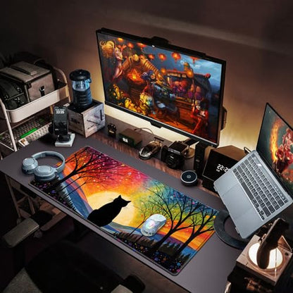 Canjoy Cute Black Cats Anime Mouse pad, 31.5x15.7inch Kawaii Computer Keyboard Mat Extended Large Gaming Mouse Pad with Non-Slip Rubber Base - color: Rainbow Cat