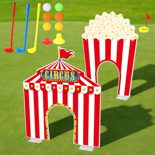 19 PCS Carnival Party Mini Golf Game Set Circus Tent Popcorn Game Set Include Clubs Balls Carnival Themed Obstacles for Groups Circus Birthday Golf Gaming Indoor Family Party Decoration
