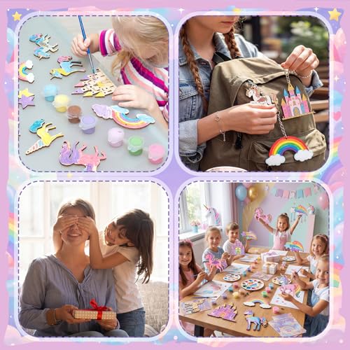 Saypacck 24 Pcs Rainbow Unicorn Party Favors Wooden Painting Craft Kits Birthday Party Supplies with Organza Bag for Goodie Bags Fillers Adult Thank You Gifts - style: Rainbow Unicorn