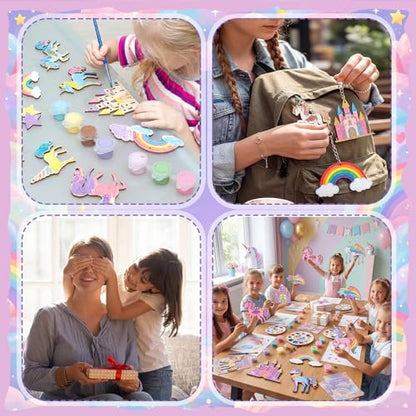 Saypacck 24 Pcs Rainbow Unicorn Party Favors Wooden Painting Craft Kits Birthday Party Supplies with Organza Bag for Goodie Bags Fillers Adult Thank You Gifts - style: Rainbow Unicorn