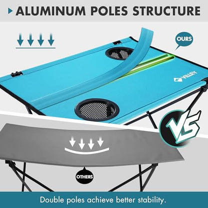 VILLEY Folding Camping Table, Lightweight Portable Beach Table with 2 Cup Holders & Carry Bag for Camping, Beach, Fishing, Travel, and Outdoor Activities(Small) - size: Small