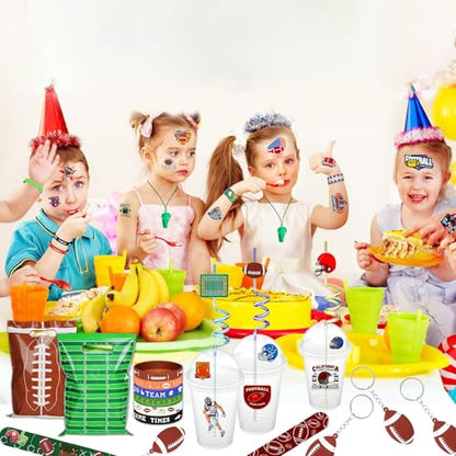 134 Pcs Football Party Favors Set 12 Silicone Bracelet 12 Whistles 12 Keychains 12 Slap Bracelet 12 Tattoo Stickers 12 Plastic Straws 12 Gift Bags 50 Football Stickers for Football Party Supplies