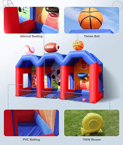 Inflatable Carnival Games, Inflatable Basketball Shot Football Baseball Toss Throwing Target, Basketball Football Baseball Game with 750w Blower for Indoor Outdoor, Party, Lawn Interactive Game