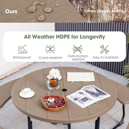 Tangkula 8 Person Picnic Table, Outdoor Round Picnic Table with 4 Built-in Benches, Umbrella Hole, Metal Frame & HDPE Tabletop, Outside Table and Bench Set for Backyard, 2300lbs Weight Capacity - color: Coffee