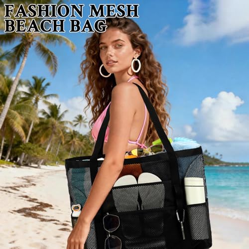 GYEUKHAM Mesh Beach Bag for Women, Sand-Resistant Pool Tote, 9 Pockets (1 Inner Zip), Foldable Family Travel Essentials - color: L-black