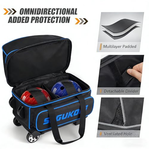 2 Bowling ball Bag with Wheels, Lightweight Trolley Double Ball Bowling bag with Large Separate Shoe Compartment and Oversized Accessory Pocket, Retractable Handle Extends To 39.5" - color: Black & Blue
