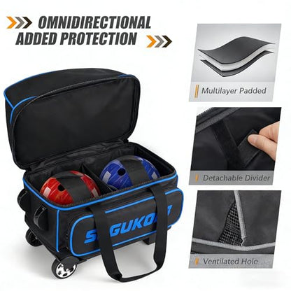 2 Bowling ball Bag with Wheels, Lightweight Trolley Double Ball Bowling bag with Large Separate Shoe Compartment and Oversized Accessory Pocket, Retractable Handle Extends To 39.5" - color: Black & Blue