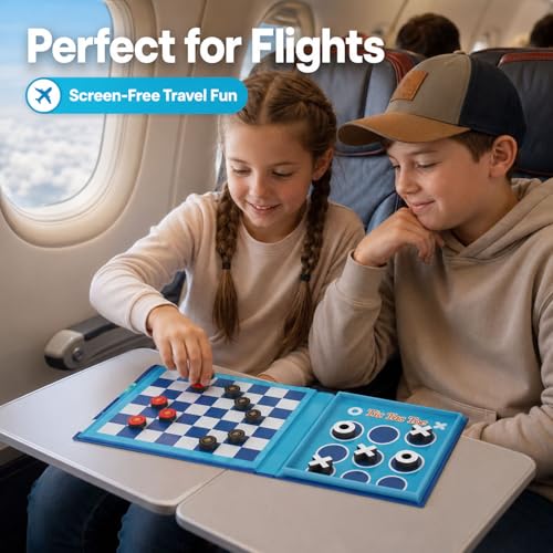 2-in-1 Travel Checkers and Tic Tac Toe Game for Kids Ages 8-12, Magnetic Checkers Board Game, Foldable Road Trip and Plane Activities - color: Checkers