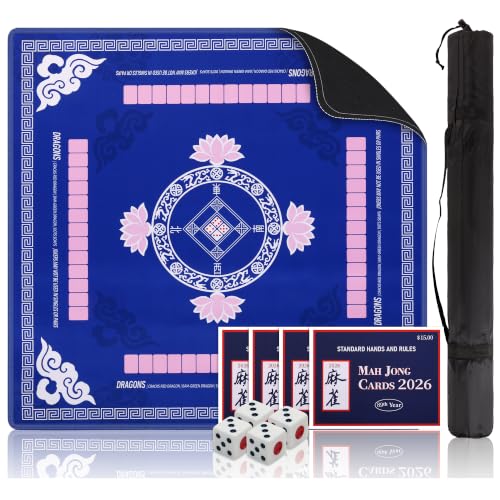 Mahjong Mat with Rules 31.5"x31.5" with Dice,2026 Mah jongg Card & Bag,Blue | Non-slip Noise-reducing Travel Game Night Christmas Mother’s Day Gift for Mahjong Lovers Family Gathering Poker Dominoes Mat - color: Blue
