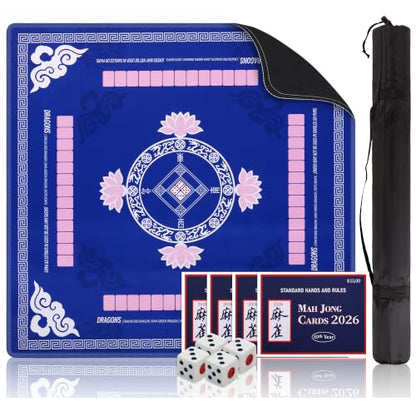 Mahjong Mat with Rules 31.5"x31.5" with Dice,2026 Mah jongg Card & Bag,Blue | Non-slip Noise-reducing Travel Game Night Christmas Mother’s Day Gift for Mahjong Lovers Family Gathering Poker Dominoes Mat - color: Blue
