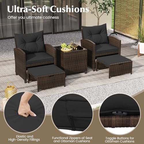 Tangkula 5 Pieces Patio Conversation Set, PE Wicker Rattan Outdoor Furniture Set with 2 Chairs, 2 Ottomans & Tempered Glass Coffee Table, Ideal for Poolside, Backyard, Lawn, Deck, Mix Brown & Black - color: Mix Brown & Black