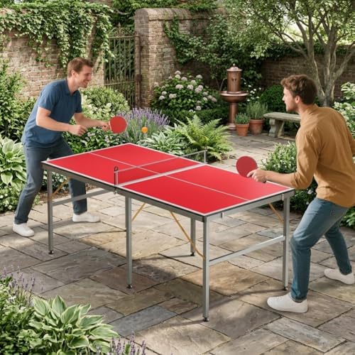 6x3ft Mid-Size Professional Portable Folding Ping Pong Table - Indoor/Outdoor Table Tennis Game Set with Net, 2 Paddles & 4 Balls for Adults and Teens- Quick Assembly - color: Red