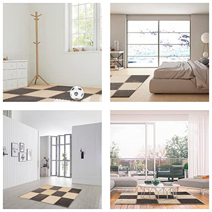 12 pcs Thickened Plush Interlocking Floor Mat 0.6" Thick- Fluffy Square Tiles with 12 Edgings Soft Anti-Slip Puzzle Area Rug Playmat for Room (11.8", Gray & Light Brown) - color: Gray & Light Brown