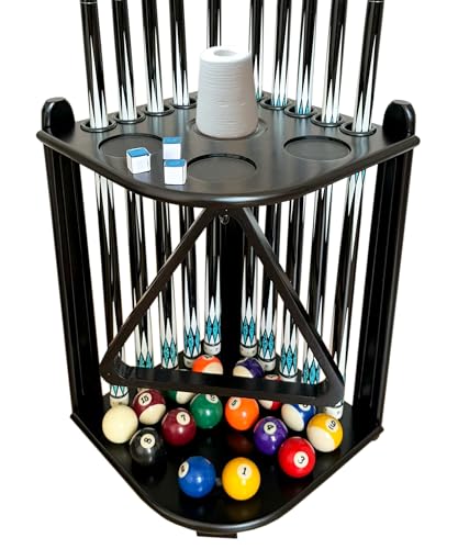 Corner Pool Cue Holder Rack Hold 10 Cue Sticks & Billiard Table Accessories. Pool Stick Holder Made of 100% Solid Hardwood with Cone Chalk Holder (Black) - color: Black