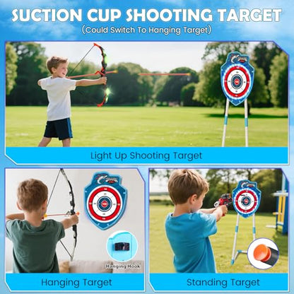 VATOS 2 Pack Bow and Arrow Toy with LED Light - 4 in 1 Archery & Dart Game Set with 20 Suction Cup Arrows, Shark Glow Target & Dart Board - Indoor/Outdoor Birthday Gift for Kids Boys Girls Ages 5-12 - color: Blue