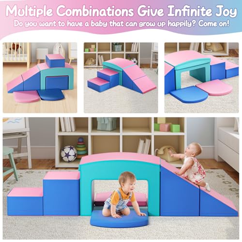 Crawl and Climb Foam Play Set, 6 Pcs Climbing Toys for Toddlers 1-3, Climb and Crawl Activity Playset, Soft Play Equipment Crawling and Sliding (Blue&Pink) 6 peices - color: Pink&blue