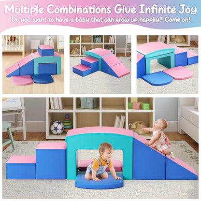 Crawl and Climb Foam Play Set, 6 Pcs Climbing Toys for Toddlers 1-3, Climb and Crawl Activity Playset, Soft Play Equipment Crawling and Sliding (Blue&Pink) 6 peices - color: Pink&blue