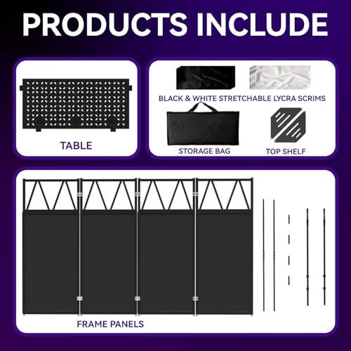 Portable DJ Booth,Foldable DJ Table Stand with Light Stand White & Black Scrim,Adjustable DJ Facade Booth Station Triangle Plate Metal Frame DJ Table with Cable Hole for Private Events, Clubs, Bars - size: 40*20 Light Stand
