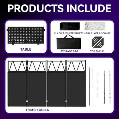 Portable DJ Booth,Foldable DJ Table Stand with Light Stand White & Black Scrim,Adjustable DJ Facade Booth Station Triangle Plate Metal Frame DJ Table with Cable Hole for Private Events, Clubs, Bars - size: 40*20 Light Stand