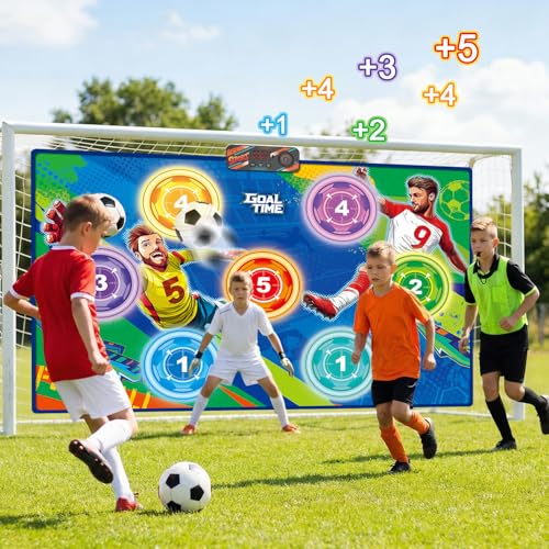 Electronic Scoring Soccer Toy Game Mat Set for Kids, Indoor Outdoor Toss Soccer Target Game with Real-Time Score, 2 Soft Soccer & Goal, Birthday Gifts for 3-5/6-8/8-12 Years Old Boys Girls