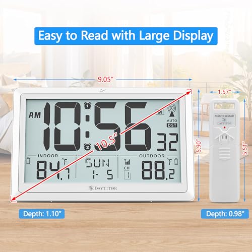 Atomic Clock Wall with Indoor/Outdoor Temp & 10.5" Large LCD Display, White | Battery Operated Digital Wall Clock, 330ft Range Desk Table Clock with Alarm, DST, Calendar for Living Room Bedroom Office - color: White
