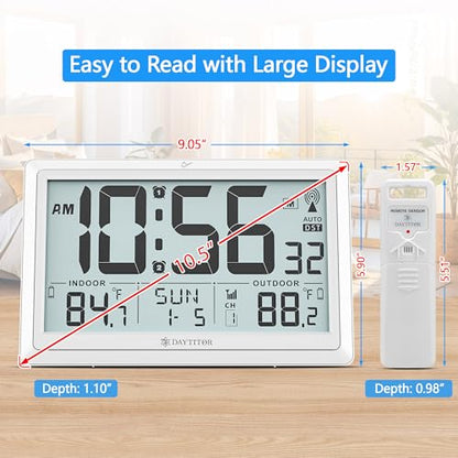 Atomic Clock Wall with Indoor/Outdoor Temp & 10.5" Large LCD Display, White | Battery Operated Digital Wall Clock, 330ft Range Desk Table Clock with Alarm, DST, Calendar for Living Room Bedroom Office - color: White