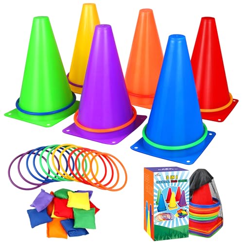 31 PCS Christmas Carnival Games, 3 in 1 Indoor Outdoor Bean Bag Ring Toss Games for Kids Birthday Party, Plastic Soft Cones Yard Lawn Game for Family Party Kid's Gift - size: 9"