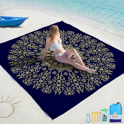 BYDOLL Beach Blanket Waterproof Sandproof Large Sand Free,78''X81''/10'X9' Oversized Sandless Lightweight Blanket Picnic Mat for Beach Travel Camping Hiking with Stakes - color: Navy Mandala, size: 78"X81"