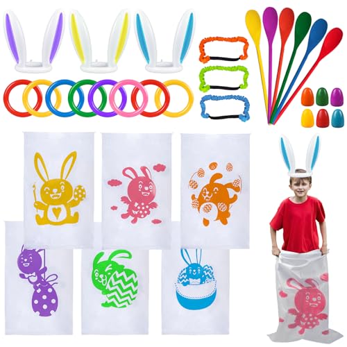 digi Easter Games for Kids and Family- 33 Pcs Potato Sack Race Bags,Egg and Spoon Race,Legged Relay Race Bands Easter Gifts Toys for Kids Outdoor Eggs Hunt Party Favors Activities（Over 3 years old）
