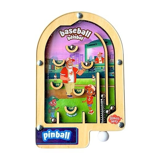 Upbounders® Alma's Way™ Baseball-Béisbol Wooden Pinball, Hand-Held Travel Game for Kids Ages 3+, Bilingual Sports Theme
