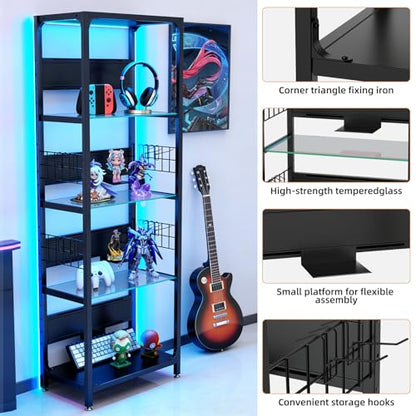4-Tier Glass Display Shelf for Collectibles, Display Case with LED Lights and Open Glass Storage Shelf, Lighted Tall Narrow Shelf, Metal Curio Cabinet with Hooks for Gaming Room, Living Room, Bedroom - size: 65 x 23.6 x 13.8 in -4-Tier