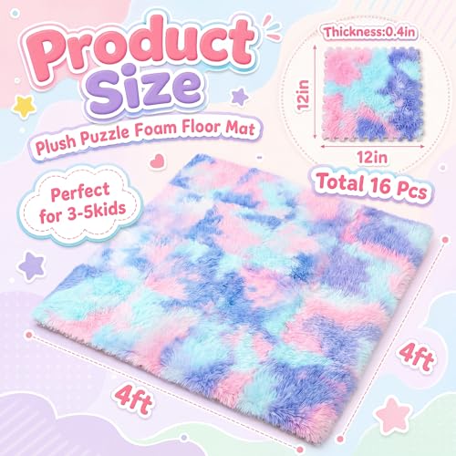 16 Pcs Hot Pink Purple Faux Fur Floor Tiles, 11.8 x 11.8 in Puzzle Girls Play Soft Tiles, 1.5 Inch Shaggy Square, EVA Foam Floor Mat for Nursery, Playroom, Bedroom, Toddler Room, Daycare - color: Hot Pink Purple