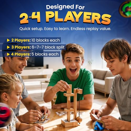 wreckingball Tower Stack Game - Ultimate Stacking Tower Game Adult & Family - Strategy Block Games for Kids & Adults - Tumbling Tower with Action Cards & Wrecking Ball - Fun Party & Block Game Set