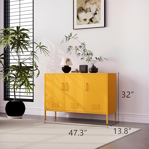 32" Wide 3-Door Lockable Metal Storage Cabinet with Accent Cabinet Locker, Heavy Duty Home Tool Cabinet, 2 Removable Shelves & Easy Assembly, for Home, Office, Entryway and Hallway Yellow - color: Mustard, style: Cabinet-32"H-WL