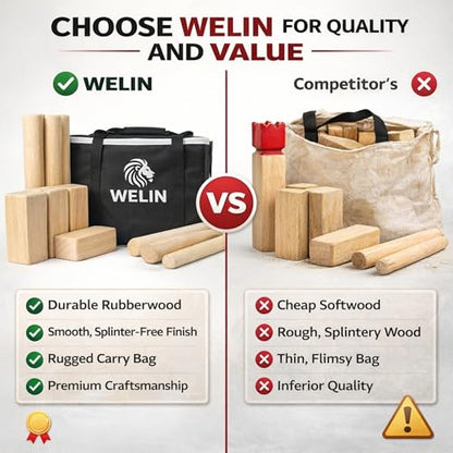 WELIN Kubb Game Set – Professional Size Viking Chess Outdoor Yard Game, Solid Rubber Wood Backyard Tossing Game with Carrying Case for Beach, Party & Family Fun