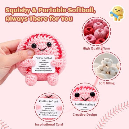 Mini Funny Positive Pink Softball Gifts for Girls, Knitted Wool Softball Crochet Toy with Positive Card, Cute Emotional Support Cheer Up Keepsake Gift for Kids Girls Women Friends Sister College - style: Softball