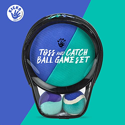 Kicko Toss and Catch Ball Game - Purple and Teal -Paddle Balls with Catcher Mitts, Hard and Soft Tennis Balls, & Travel Case - for Kids Indoor or Outdoor Team Sports, Backyard or Beach NEW & Improved