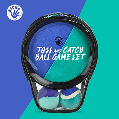 Kicko Toss and Catch Ball Game - Purple and Teal -Paddle Balls with Catcher Mitts, Hard and Soft Tennis Balls, & Travel Case - for Kids Indoor or Outdoor Team Sports, Backyard or Beach NEW & Improved