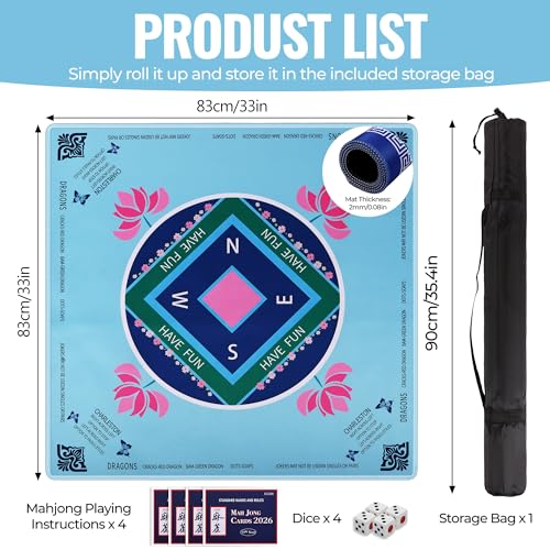 American Mahjong Mat Set,33 x 33 Inch Non-Slip Waterproof Silent Game Mat | Comes with 4 Rule Cards,4 Dice & 1 Carry Bag,Portable for Poker,Dominoes,Perfect for Camping,Summer Party and Holiday Gifts - color: Green