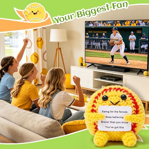 OkiyiD Mini Positive Yellow Softball Crochet Ornament – Knitted Wool Ball with Inspirational Card, Emotional Support Desk Decor for Women College Students, Stress Relief Gift for Graduation Birthday - style: yellow softball