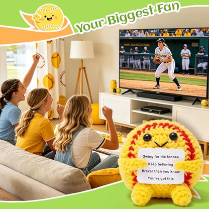 OkiyiD Mini Positive Yellow Softball Crochet Ornament – Knitted Wool Ball with Inspirational Card, Emotional Support Desk Decor for Women College Students, Stress Relief Gift for Graduation Birthday - style: yellow softball