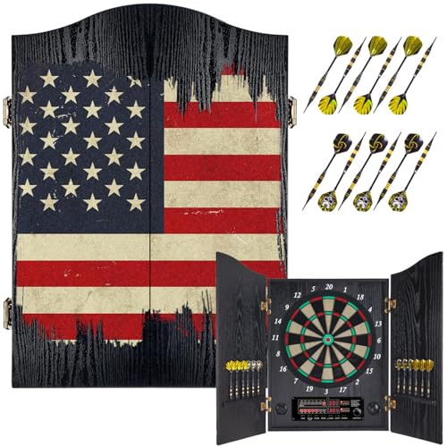 Electronic Dart Board, Decorative Dart Board Cabinet Set for Adults [12*Bronze Soft Tip Darts] [Cricket Game Mode]- Wooden Electric Dartboard Cabinet for Family Game Rooms - US Flag