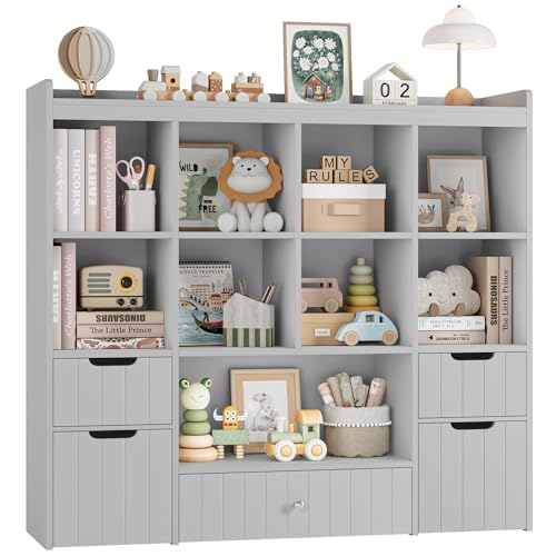 HORSTORS 48" W Kids Toy Storage Organizer, Large Toy Storage Chest with Removable Bins, 46" H Kids Bookshelf and Bookcase with Drawers for Boys and Girls, Modern Toy Box for Playroom, Classroom, Grey - color: Grey